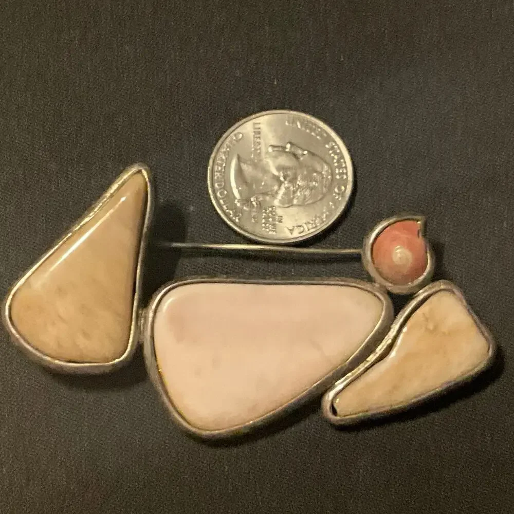 Vintage 925 Silver Jasper Agate Abstract Artisan Made Brooch